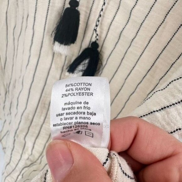Joie‎ Striped Top Gauzy Fringe Tie Peasant Boho SS Shirt Small White Black - Picture 4 of 11